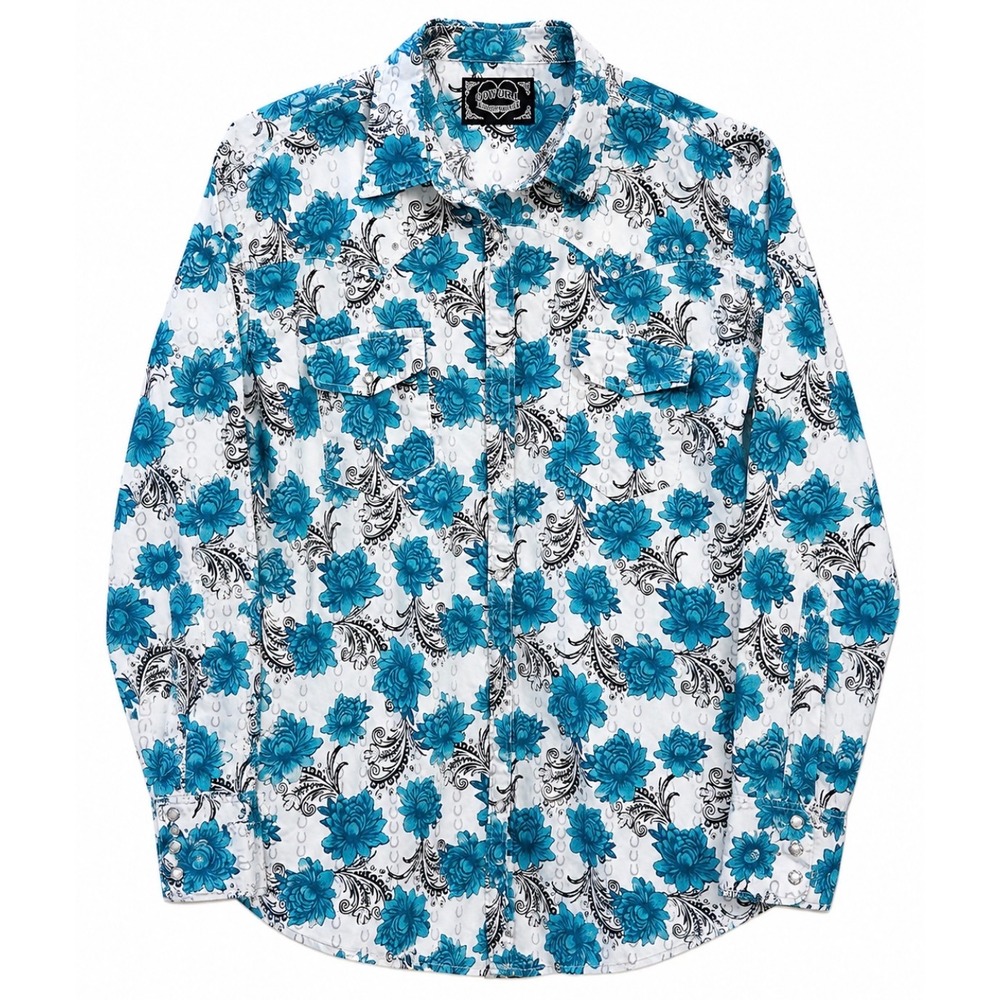 Cowgirl Hardware Womens XL Blue Floral Western Snap Shirt Rhinestone 100% Cotton